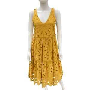 Trina Turk Dress Women’s SZ S Midi 100%Cotton Embroidered Eyelet Overlay Mustard
